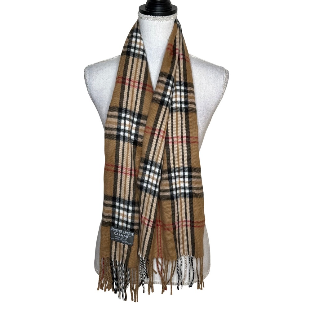 Geoffrey Beene Cashme Scarf Tan Plaid Acrylic Fringed Italy Preppy Classic